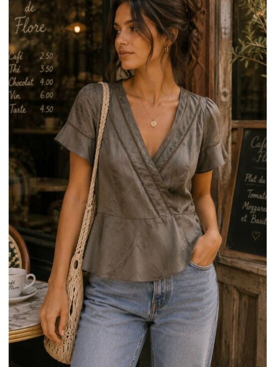 Nanette Lepore Tops - Nanette Lepore Vintage Grey Silk Short Sleeve Size 4 V Neck Y2K Romantic Minimal